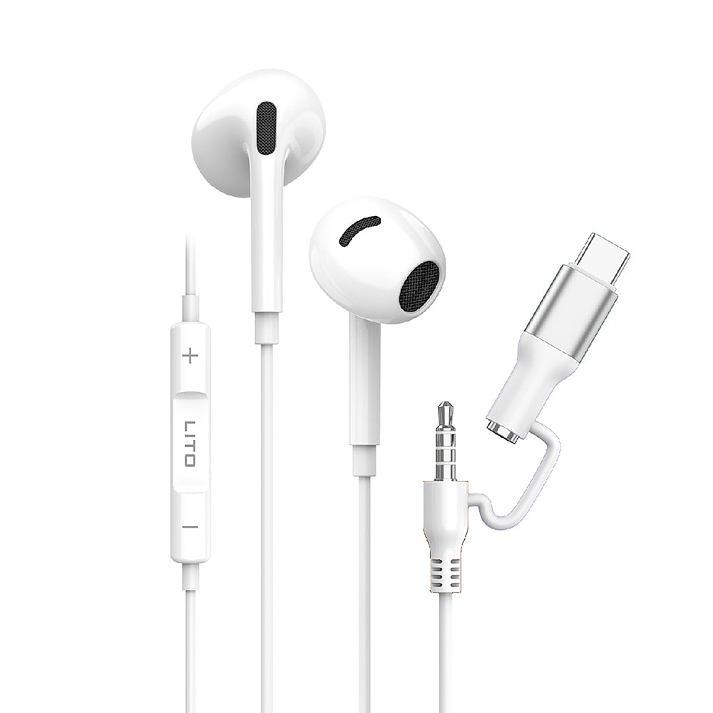 Lito - Wired Earphones (LF03) - Jack 3.5mm, Type-C, Stereo, Half In-ear, with HD Microphone, 1.2m - White