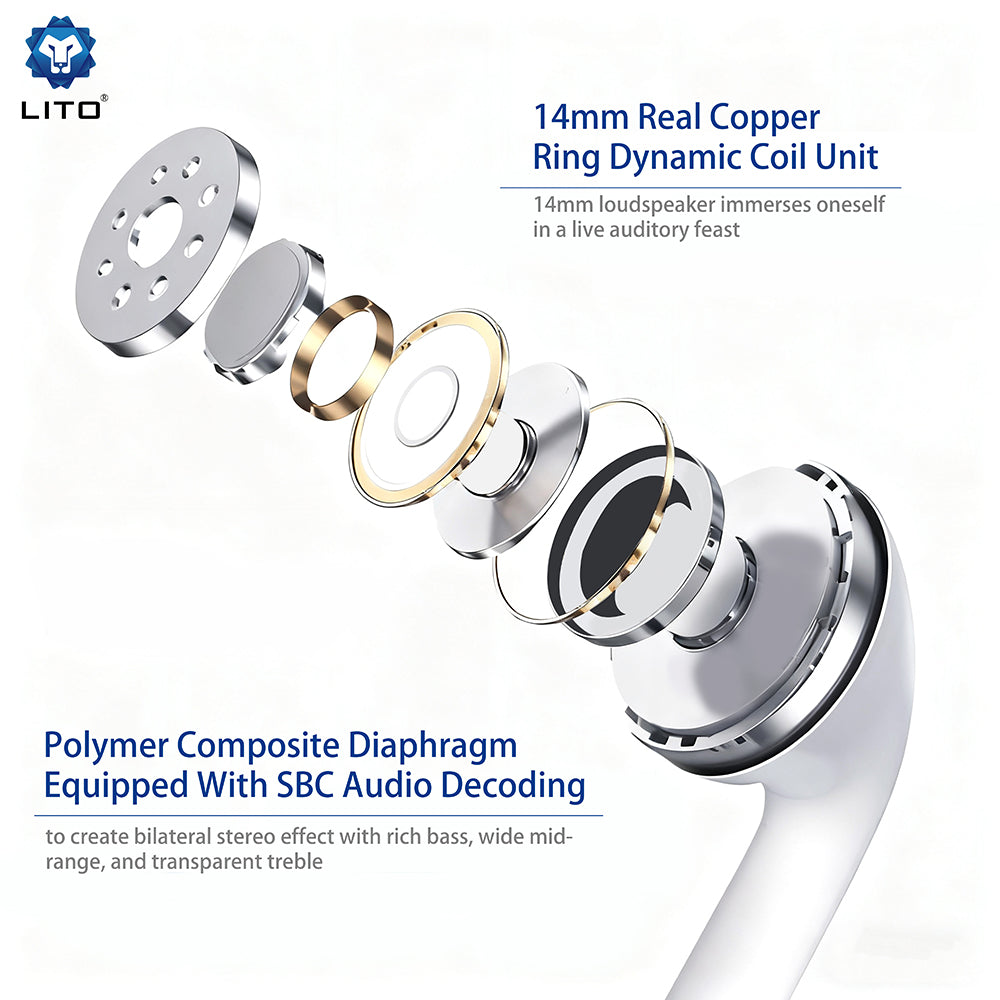 Lito - Wired Earphones (LF03) - Jack 3.5mm, Type-C, Stereo, Half In-ear, with HD Microphone, 1.2m - White