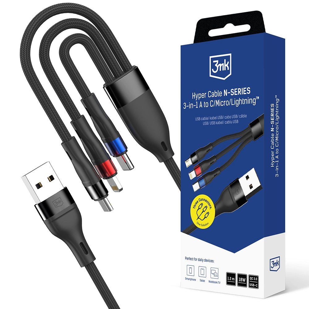 3mk - Data Cable Hyper N-Series 3in1 - USB to Type-C, Lightning, Micro, 18W, 9V/2A, 1.2m - Black