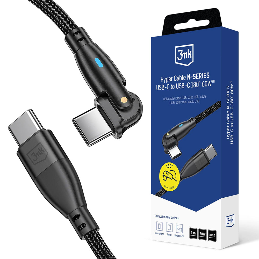 3mk - Data Cable Hyper N-Series - Type-C to Type-C, Fast Charge, Flexible 180°, 60W, 20V/3A, 2m - Black