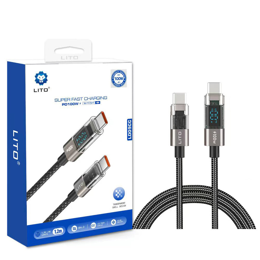 Lito - Data Cable (LD09CC) - Type-C to Type-C, 100W High Speed Charging, LED Display, 1.2m - Black