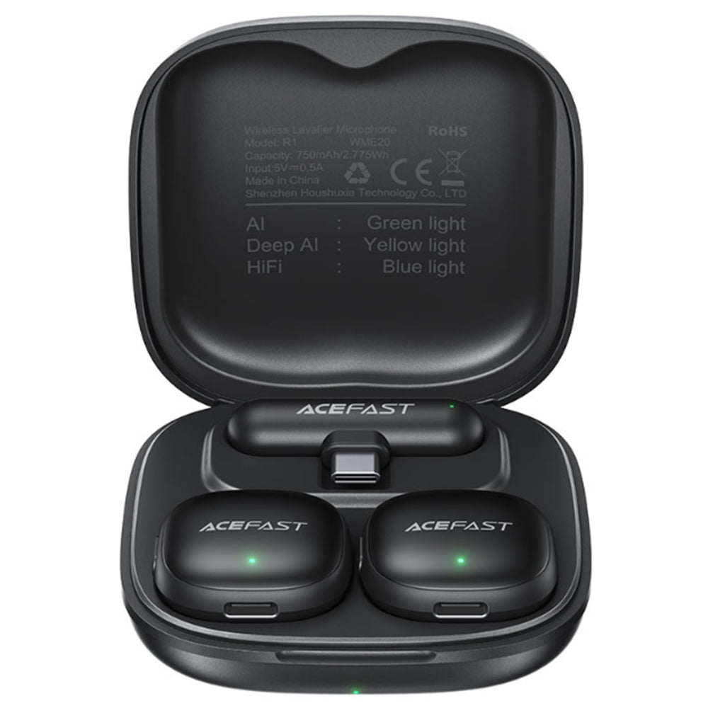 Acefast - Wireless Lavalier Microphones (R1) - Lightning, HD 360°Sound, AI Noise Reduction, 750mAh, Ultra-low Latency - Black