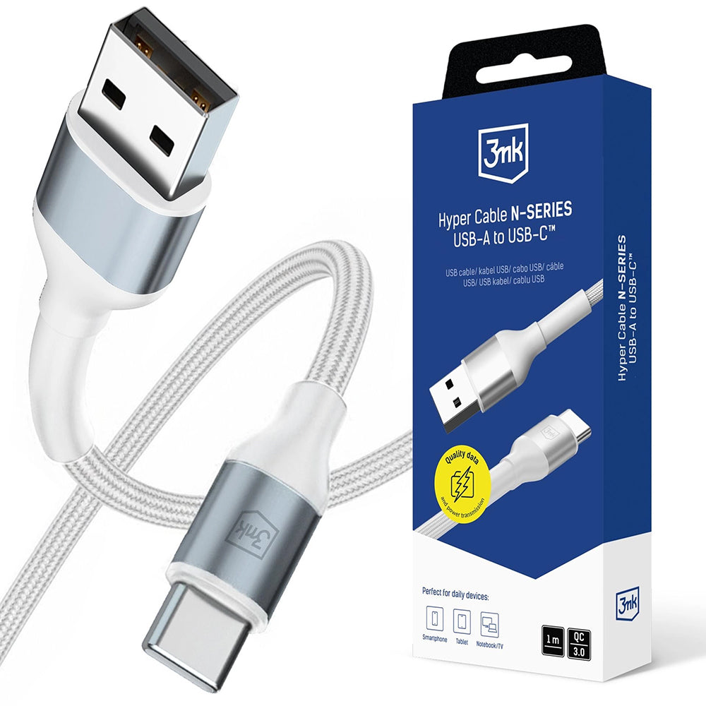 3mk - Data Cable Hyper N-Series 3in1 - USB to Type-C, Lightning, Micro, 18W, 9V/2A, 1m - White