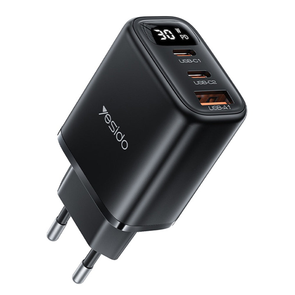 Yesido - Wall Charger (YC69) - with Digital Display, Fast Charge, for Phone, Tablet, Laptop, USB, 2x Type-C, 30W - Black