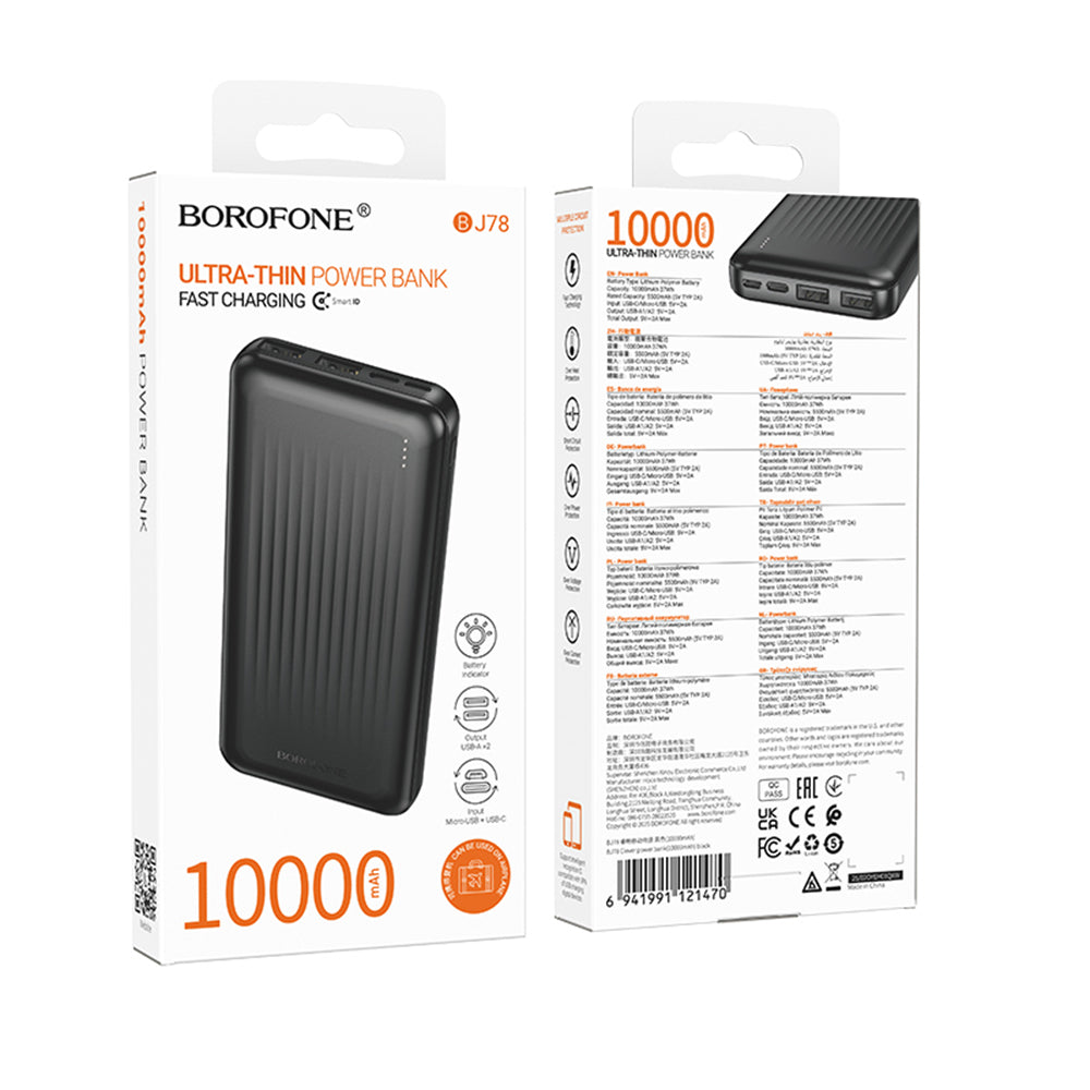 Borofone - Power Bank Clever Series (BJ78) - 2x USB, USB-C, Micro-USB, LED Indicator, Fast Charge, 10000mAh - Black