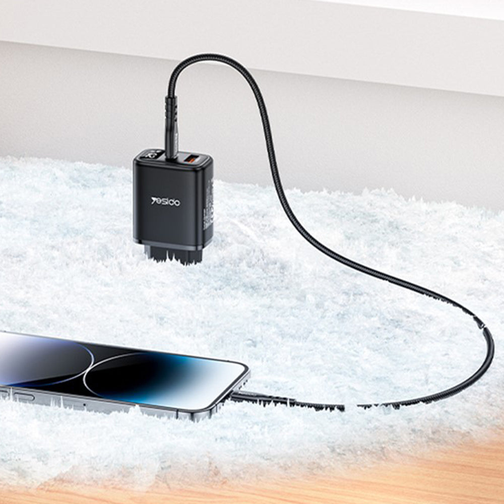 Yesido - Wall Charger (YC68) - with Digital Display, Quick Charge, for Phone, Tablet, USB, Type-C, 20W - Black