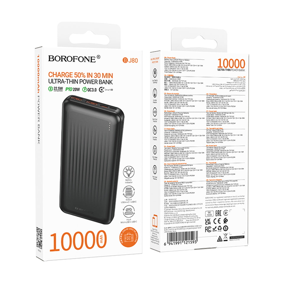 Borofone - Power Bank Clever Series (BJ80) - 2x USB, Type-C, Indicator LED, QC 3.0, 22.5W, PD20W, 37Wh, 10000mAh - Black