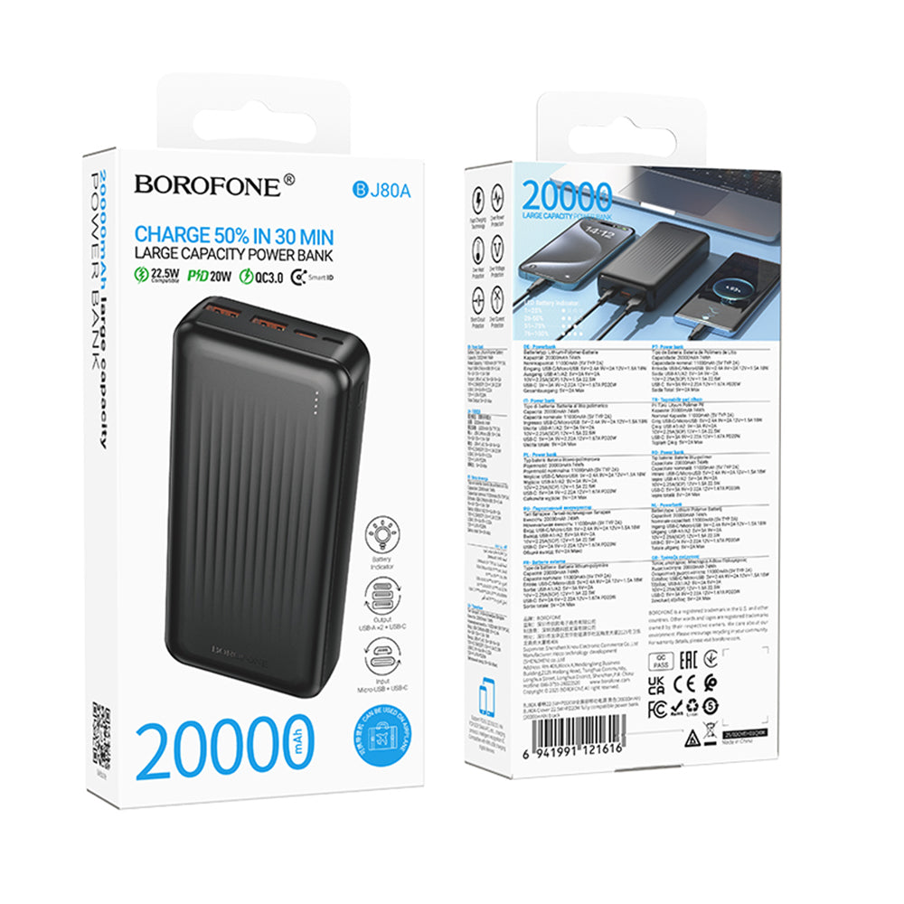 Borofone - Power Bank Clever Series (BJ80A) - 2x USB, Type-C, Indicator LED, QC 3.0, 22.5W, PD20W, 74Wh, 20000mAh - Black