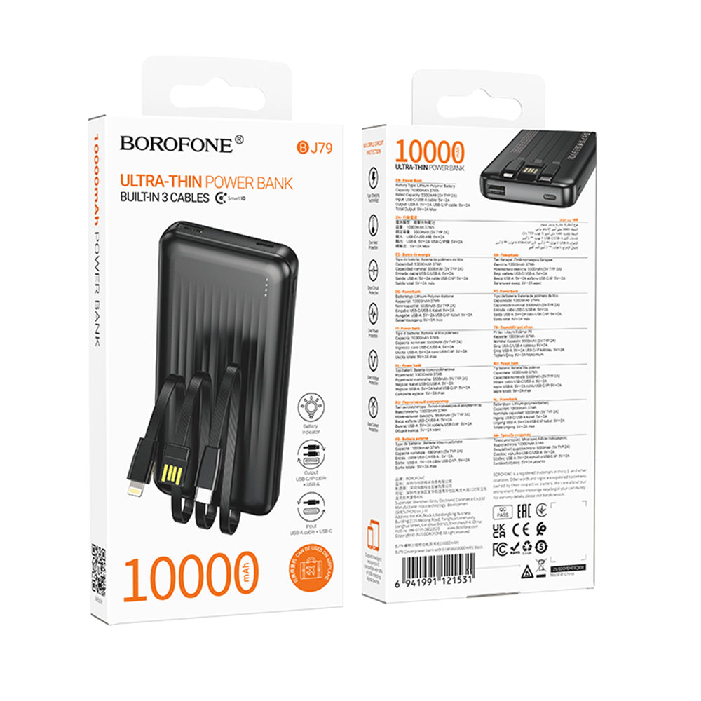 Borofone - Power Bank Clever Series (BJ79) - with Built-in 3x Cable, USB, USB-C, Lightning, Indicator, 2A, 10000mAh - Black