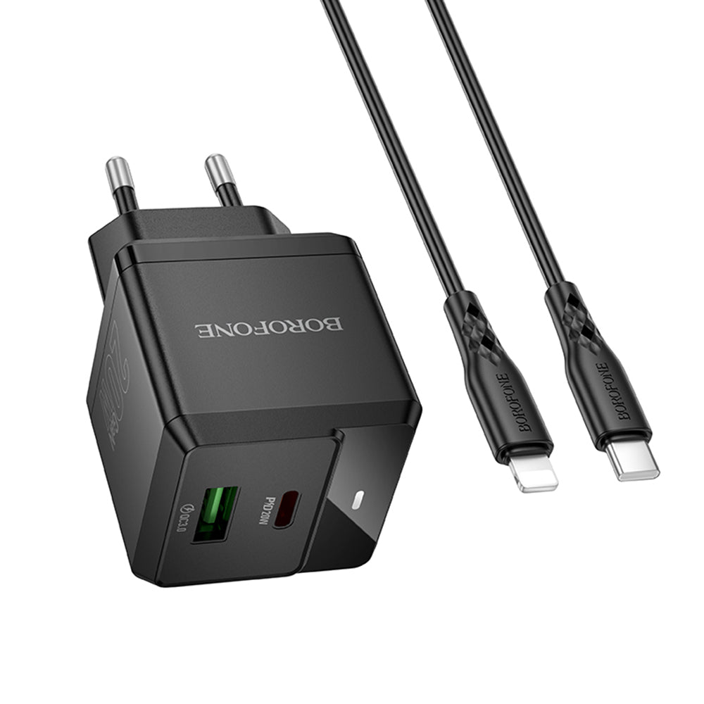 Borofone - Wall Charger Intenso (BN19) - Type-C to Lightning Cable Included, Dual Port, USB, Type-C, PD20W, QC3.0, 3A - Black