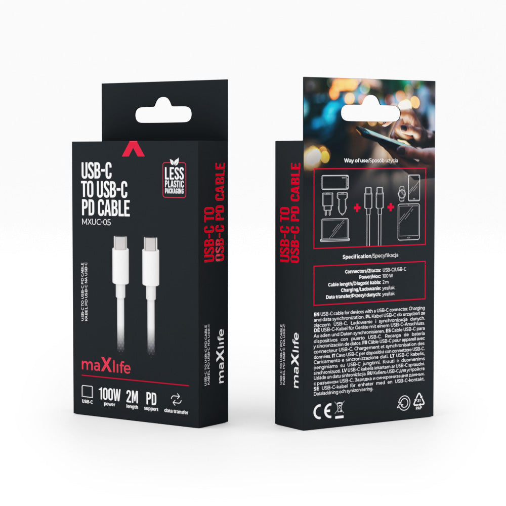 Καλώδιο φόρτισης και μεταφοράς δεδομένων από USB-C σε USB-C Maxlife 2 μέτρων 100W - λευκό