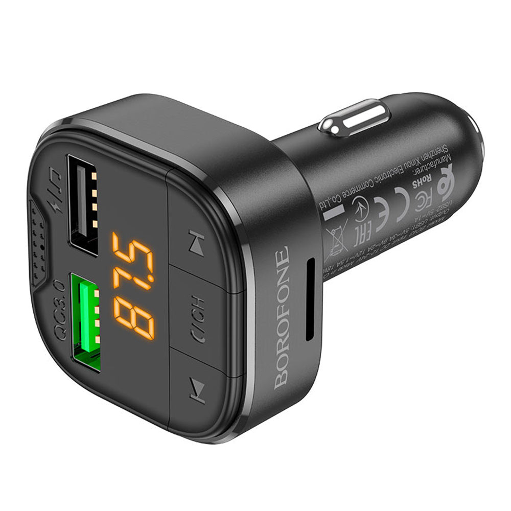 Borofone - FM Modulator and Car Charger Flash (BC43) - Bluetooth V5.0, 2x USB, MicroSD Card Slot, QC3.0, 18W - Black