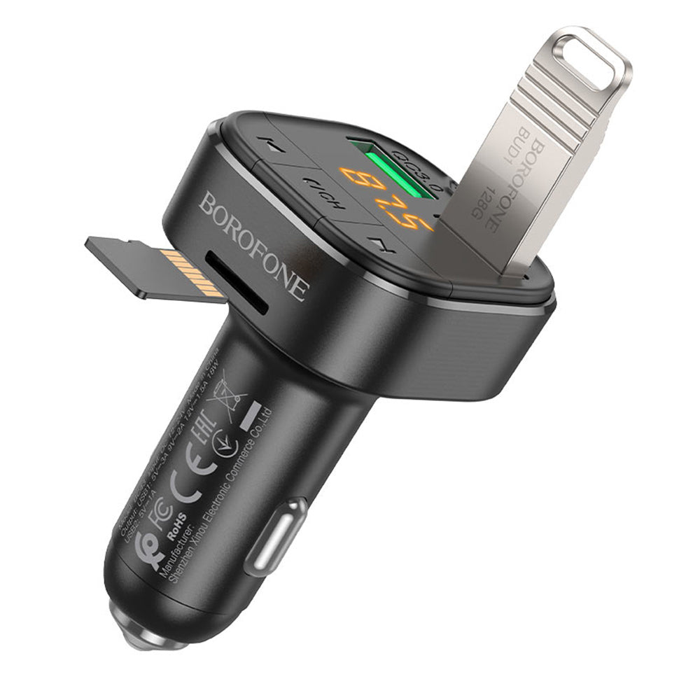 Borofone - FM Modulator and Car Charger Flash (BC43) - Bluetooth V5.0, 2x USB, MicroSD Card Slot, QC3.0, 18W - Black
