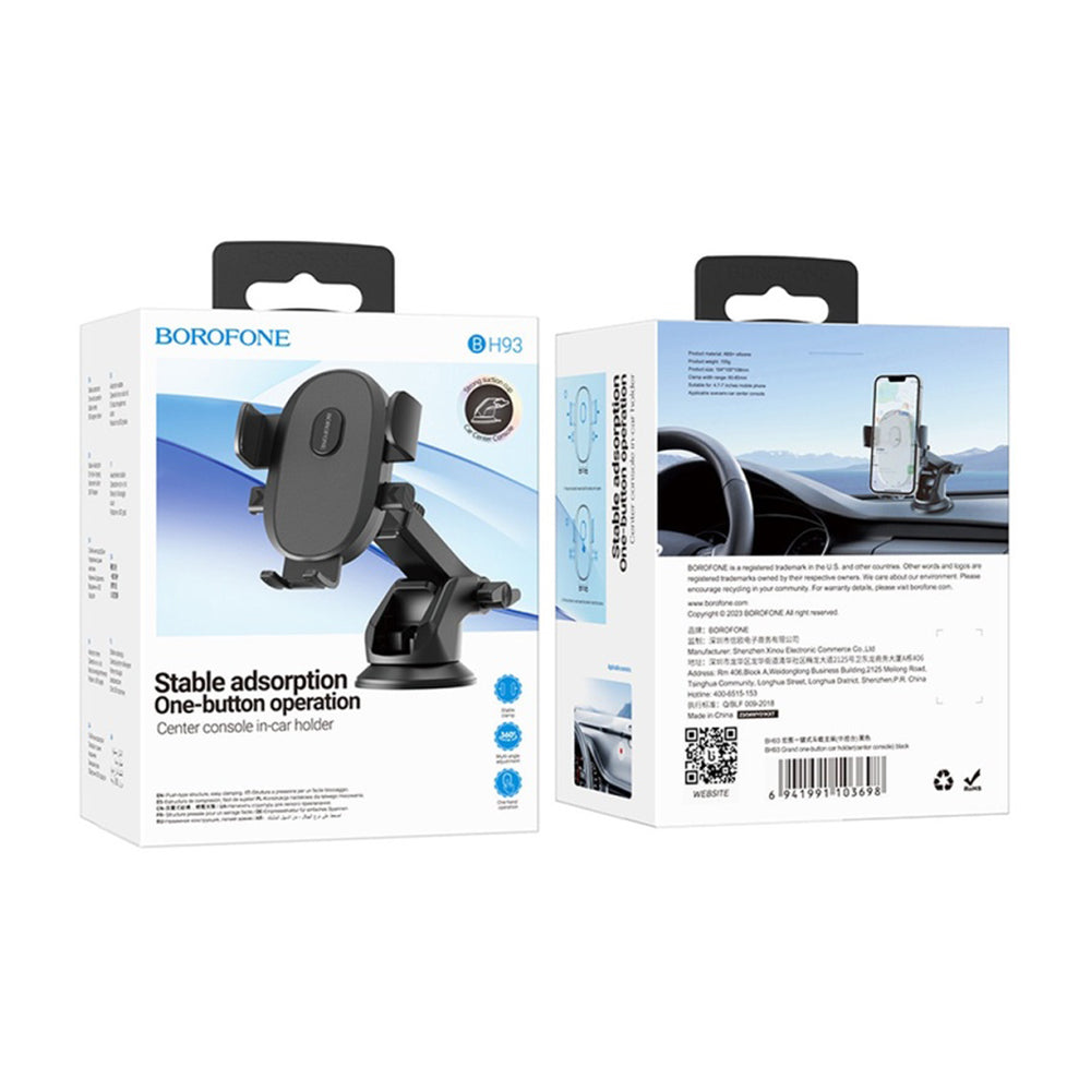 Borofone - Car Holder Grand (BH93) - with Suction Cup, for Dashboard/Windshield, 360° Adjust, Telescopic Arm, 4.5–7" - Black
