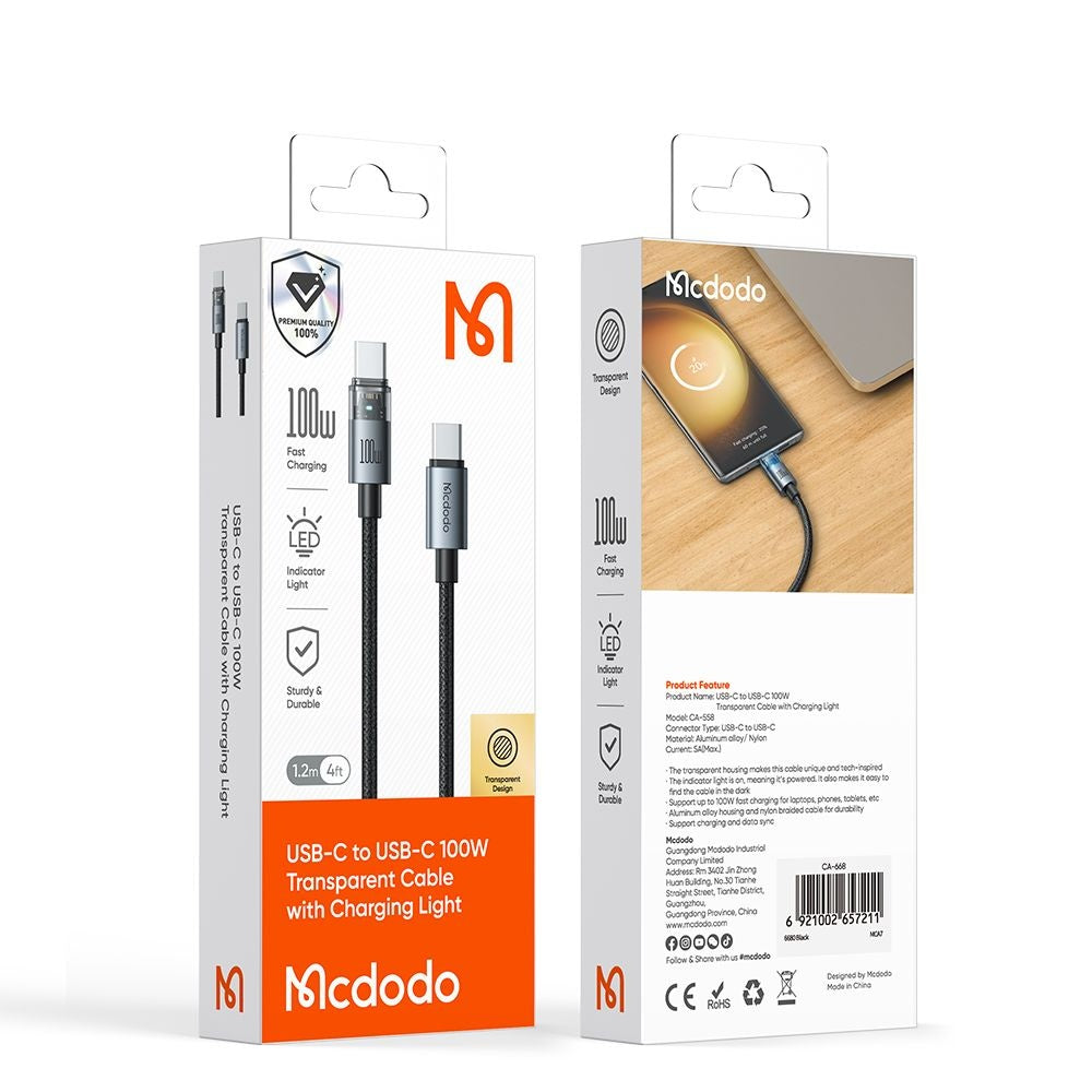 Mcdodo - Data Cable (CA-5581) - with Charging Light, USB-C to USB-C, Transparent Cable, 100W, 1.2m - Desert Gold