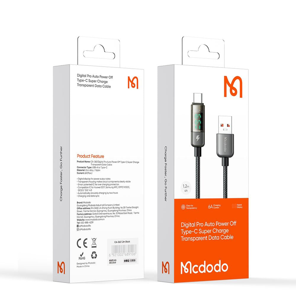 Mcdodo - Data Cable (CA-3630) - Type-C to USB-A, 6A Digital Display, Auto Power Off, Transparent Design, 1.2m - Black