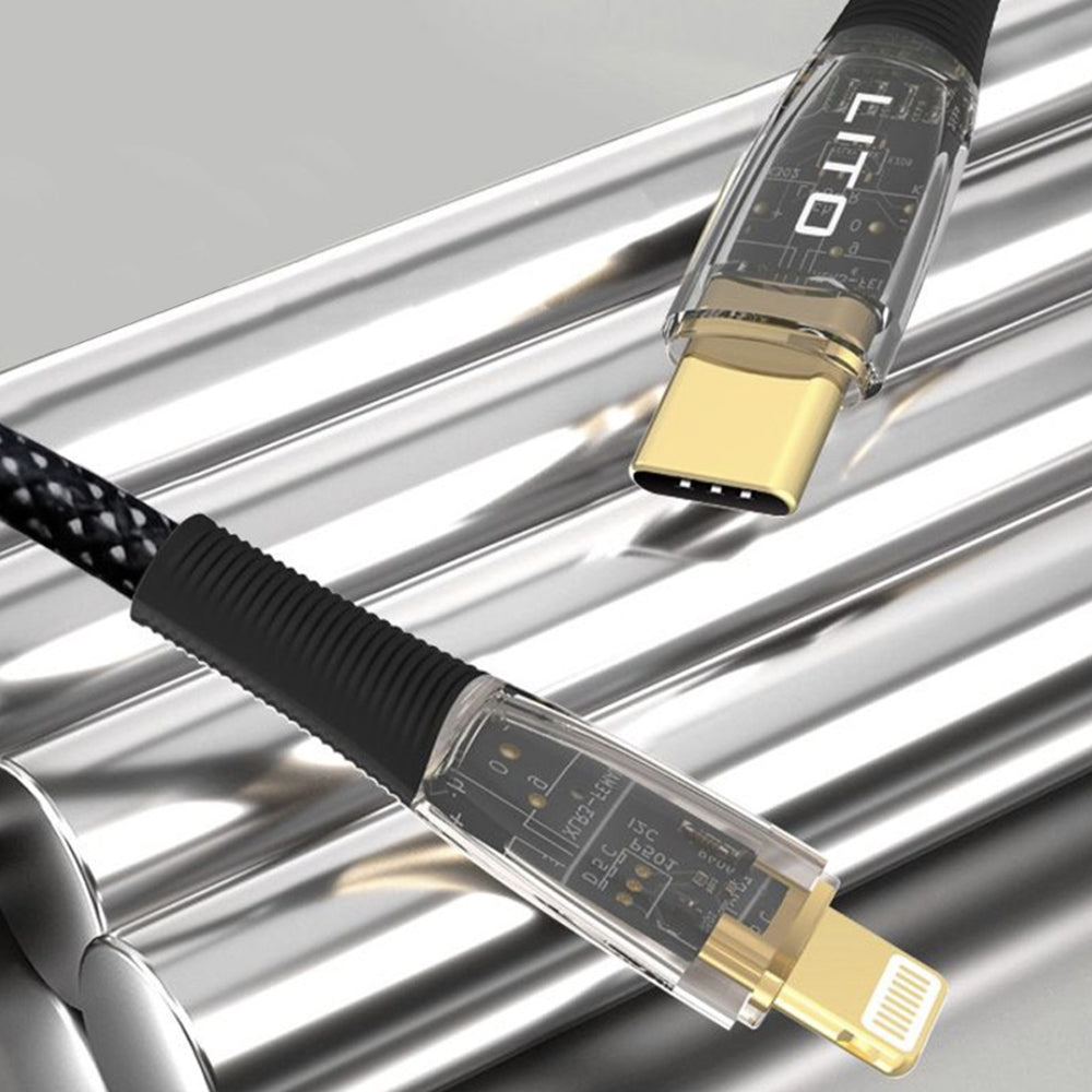 Lito - Data Cable Transparent (LD01) - Type-C to Lightning, Fast Charging 27W, Braided, Gold Plated Interface, 1.2m - Black