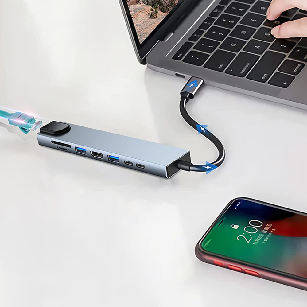 Techsuit - Docking Station NetBridge 8 in 1 (H2) - Type-C to 2x Type-C, 2x USB, HDMI, RJ45, TF/SD, 4K@30Hz, PD87W - Gray