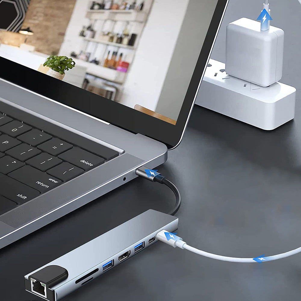 Techsuit - Docking Station NetBridge 8 in 1 (H2) - Type-C to 2x Type-C, 2x USB, HDMI, RJ45, TF/SD, 4K@30Hz, PD87W - Gray