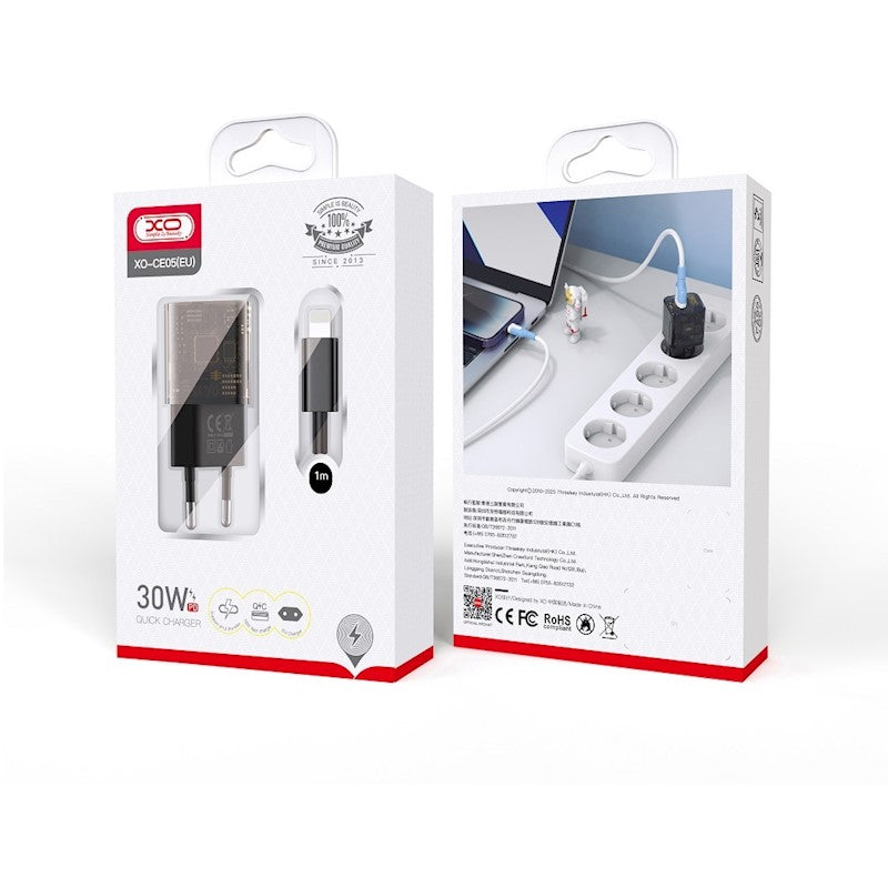 XO-CE05 EU GaN Φορτιστής Ταχείας Φόρτισης 30W PD / 18W QC με Διαφανή Σχεδίαση και καλώδιο USB-C σε Lightning