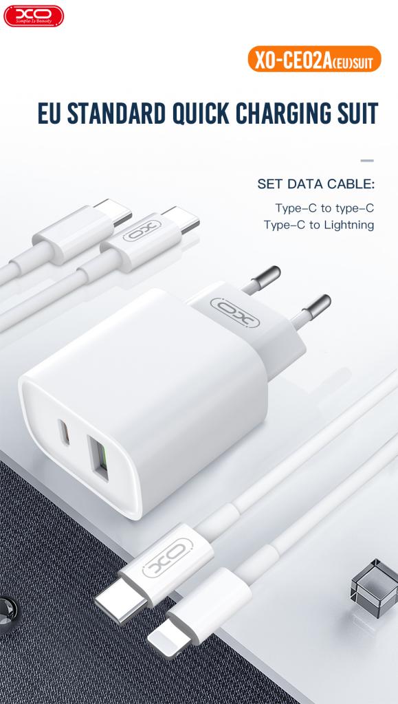 XO CE02A Φορτιστής Τοίχου 20W με Power Delivery & Quick Charge 3.0 – 2 Θύρες (USB-A & USB-C) + Καλώδιο USB-C σε USB-C