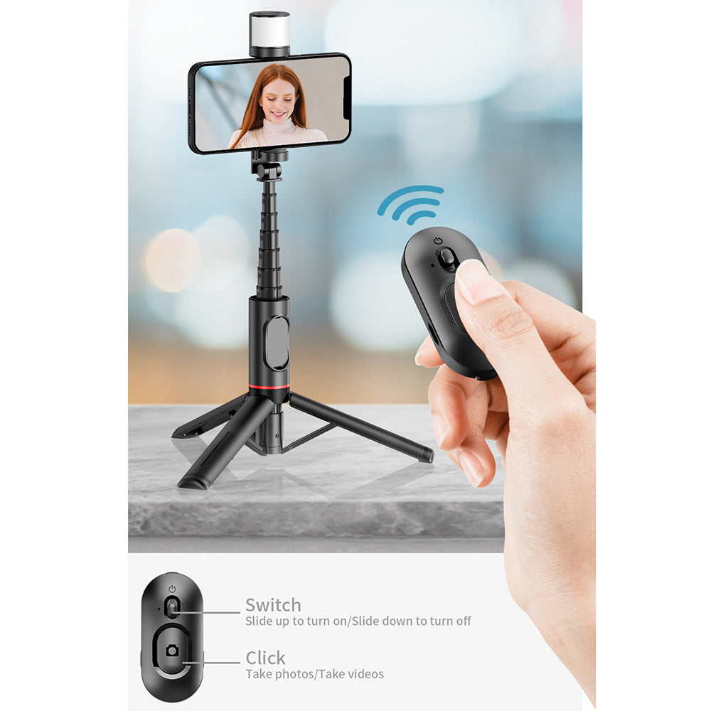 Techsuit - Selfie Stick (Q12S) - Stable Tripod Mount with Bluetooth Remote and LED Light, 75cm - Black