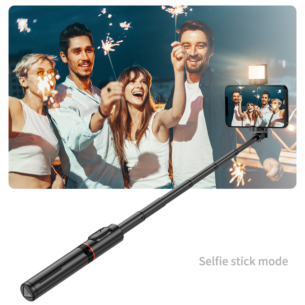 Techsuit - Selfie Stick (Q12S) - Stable Tripod Mount with Bluetooth Remote and LED Light, 75cm - Black