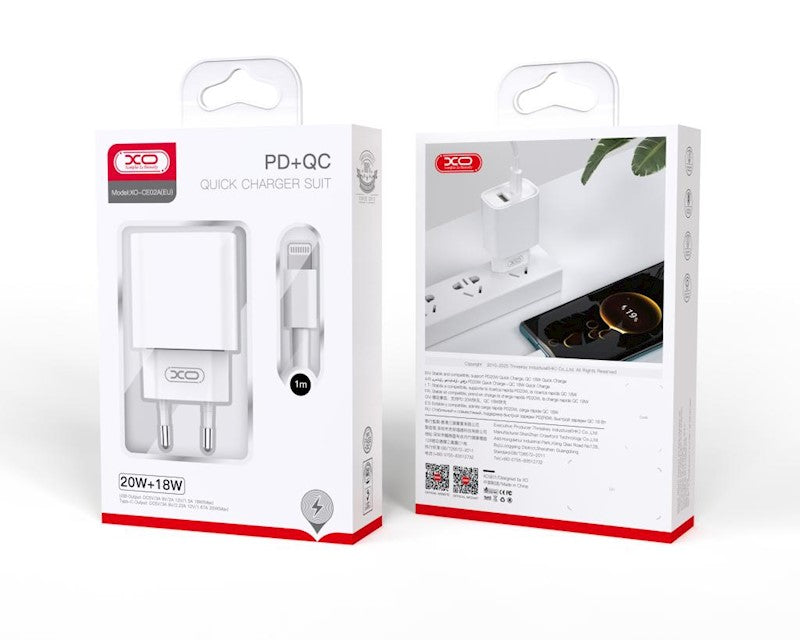 XO CE02A Φορτιστής Τοίχου 20W με Power Delivery & Quick Charge 3.0 – 2 Θύρες (USB-A & USB-C) + Καλώδιο USB-C σε Lightning