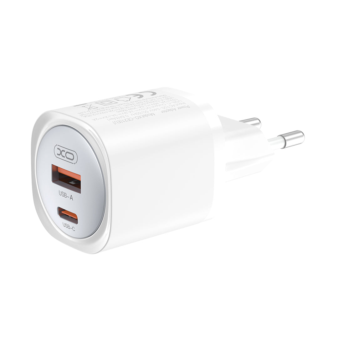 XO Wall Charger CE21 (1xUSB-A, 1x USB-C) 30W - Φορτιστής Ταχείας Φόρτισης Τοίχου Ταξιδίου με καλώδιο USB-C / Lightning