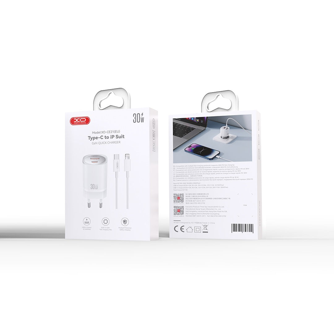 XO Wall Charger CE21 (1xUSB-A, 1x USB-C) 30W - Φορτιστής Ταχείας Φόρτισης Τοίχου Ταξιδίου με καλώδιο USB-C / Lightning