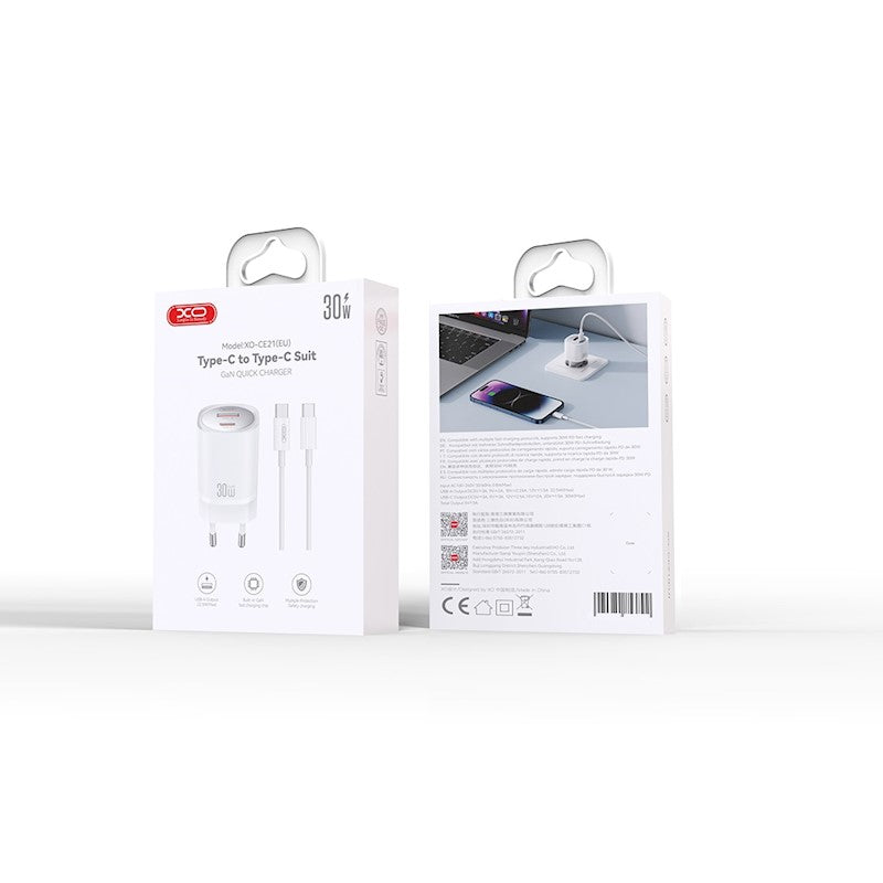 XO Wall Charger CE21 (1xUSB-A, 1x USB-C) 30W - Φορτιστής Ταχείας Φόρτισης Τοίχου Ταξιδίου με καλώδιο USB-C / USB-C