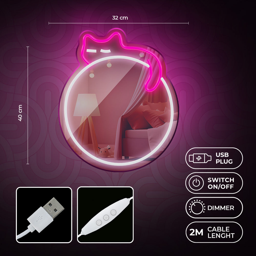 Forever Light Neon Mirror LED Sleeping Cat/White- Pink - Διακοσμητικός Καθρέπτης με LED Neon