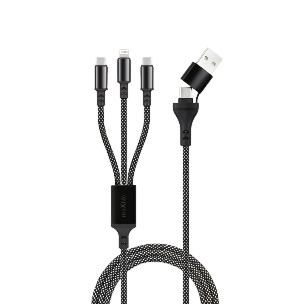 Maxlife Allin1 Cable - Καλώδιο Φόρτισης Και Μεταφοράς Δεδομένων Usb + Usb-C - Lightning + 2X Usb-C 1 Μέτρου 66W - Μαύρο (Oem0101379) – Θήκη για κινητό από το PhoneBazaar.gr