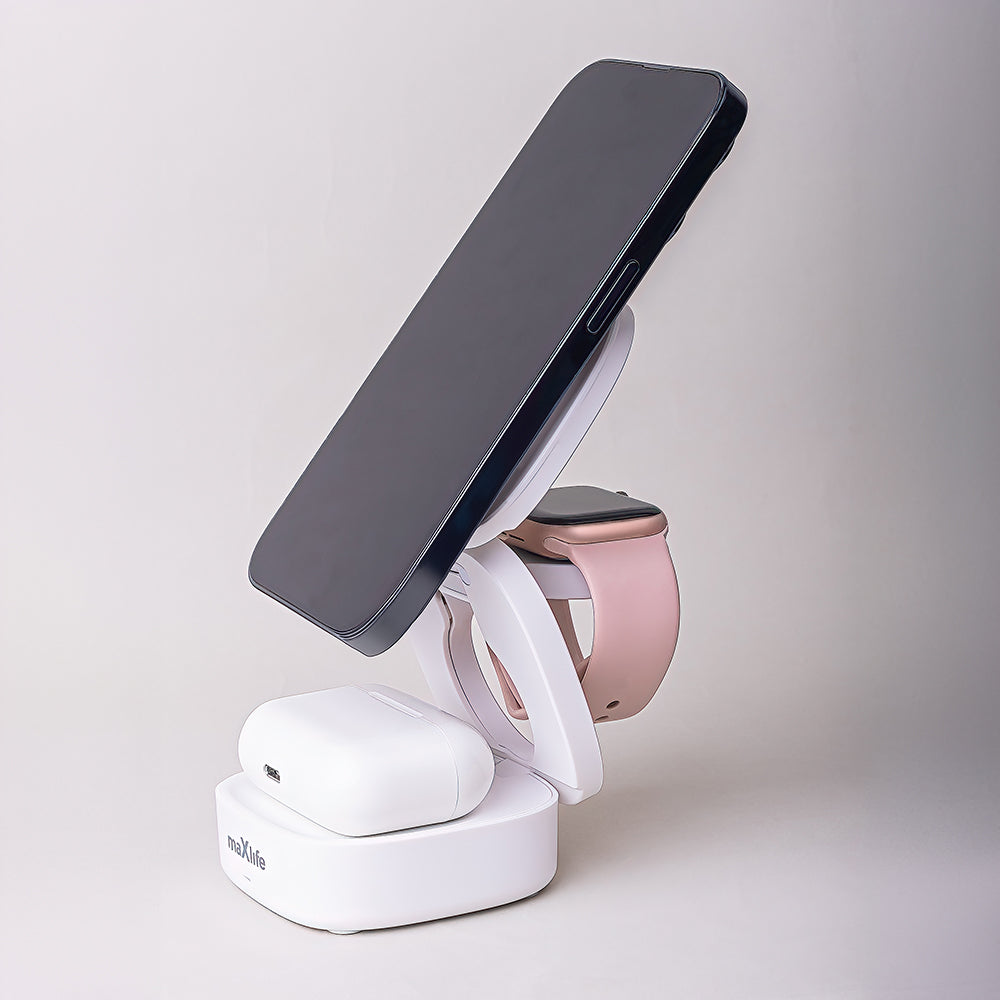 Maxlife MXWC-06 magnetic wireless charger 15W - Μαγνητικός ασύρματος φορτιστής 3 σε 1 μέγιστης ισχύος 15W σε λευκό χρώμα