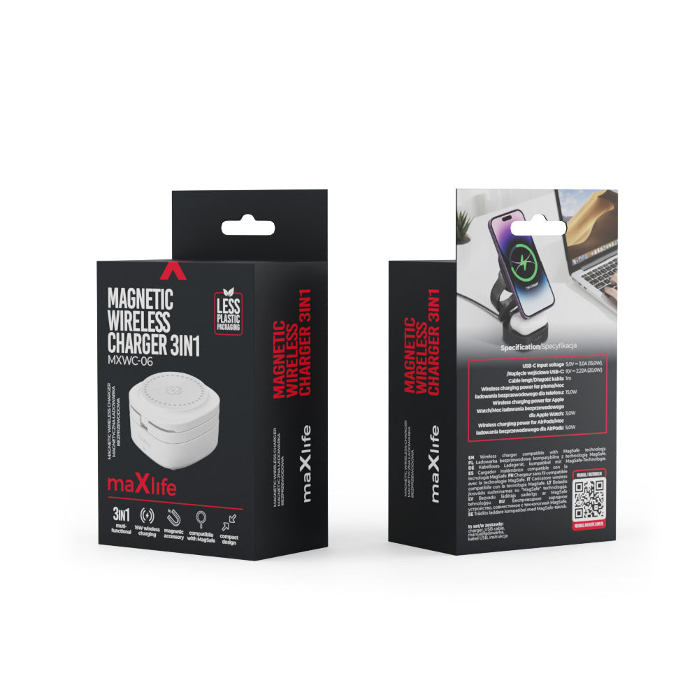 Maxlife MXWC-06 magnetic wireless charger 15W - Μαγνητικός ασύρματος φορτιστής 3 σε 1 μέγιστης ισχύος 15W σε λευκό χρώμα