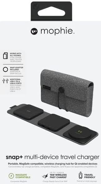 Mophie 2-in-1 Snap+ Travel Charger with Snap Adapter Μαγνητικός πολυφορτιστής ταξιδίου ισχύος 15W σε χρώμα μαύρο/γκρι