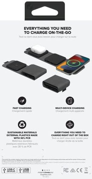 Mophie 2-in-1 Snap+ Travel Charger with Snap Adapter Μαγνητικός πολυφορτιστής ταξιδίου ισχύος 15W σε χρώμα μαύρο/γκρι