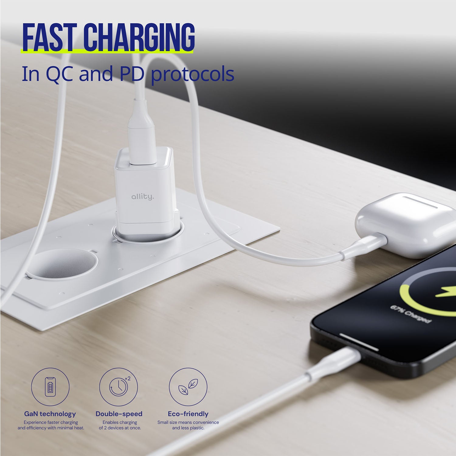 Φορτιστής τοίχου Allity GaN PD QC ATC-01-20WAC 1x USB-c 1x USB-a 20W λευκός