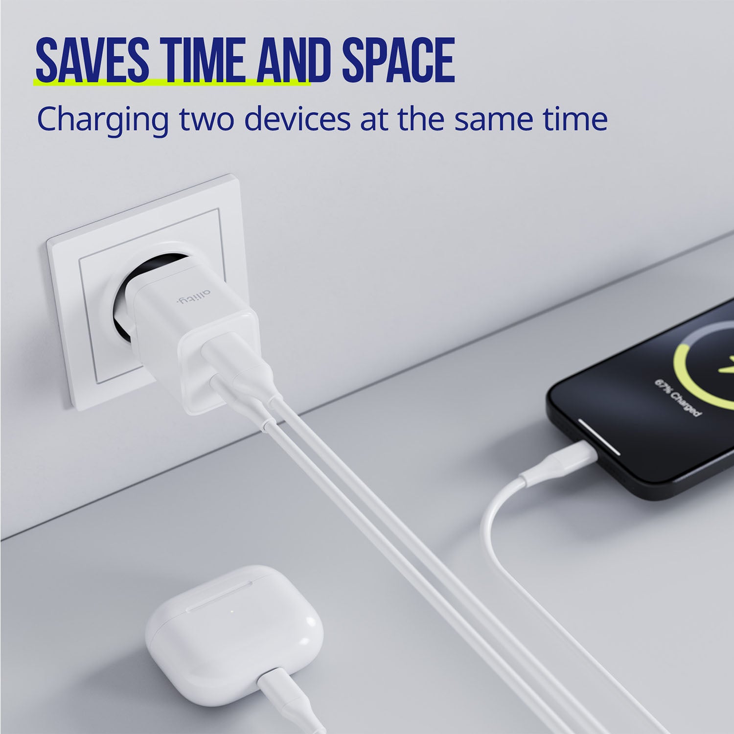 Φορτιστής τοίχου Allity GaN PD QC ATC-01-20WAC 1x USB-c 1x USB-a 20W λευκός