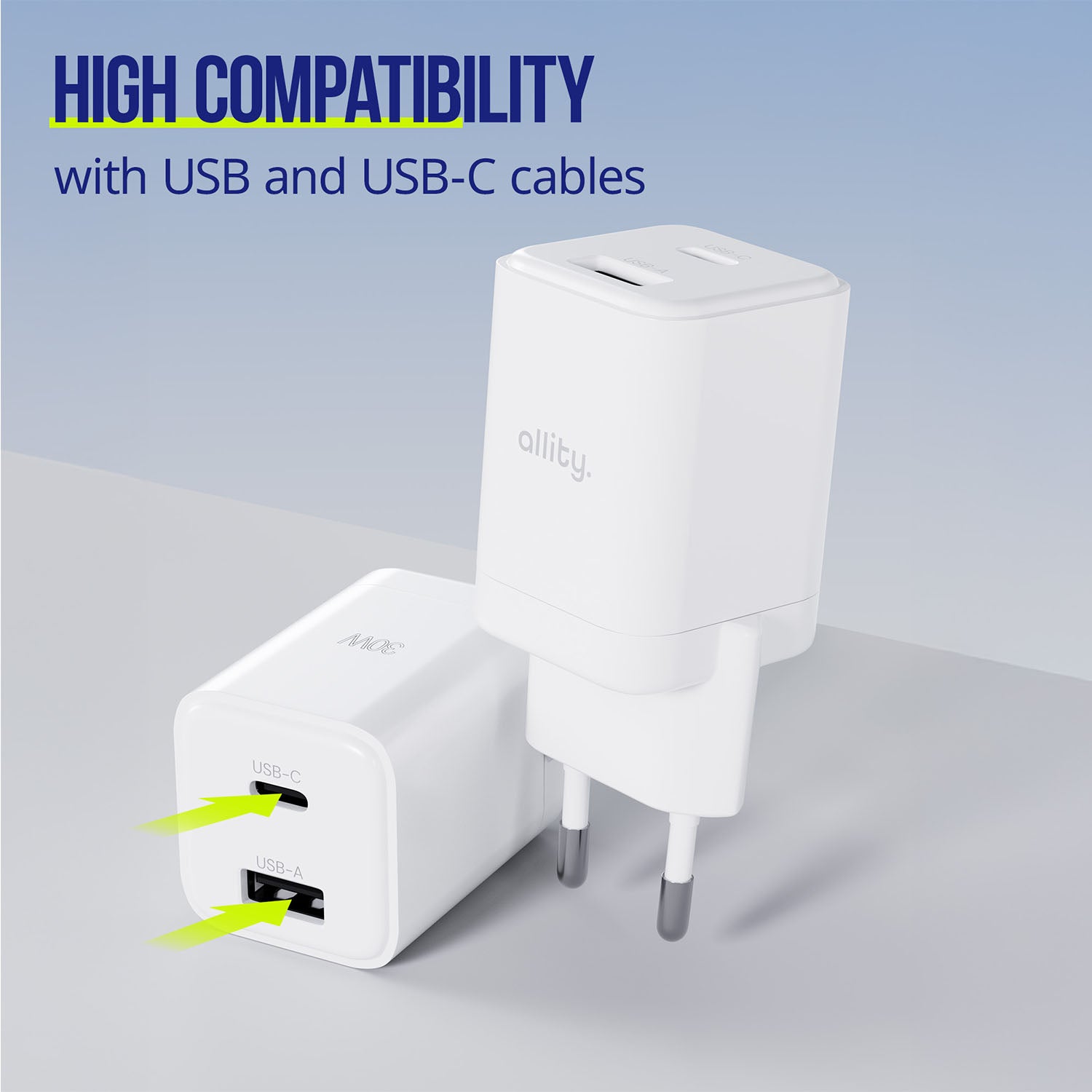 Φορτιστής τοίχου Allity GaN PD QC ATC-01-30WAC 1x USB-c 1x USB-a 30W λευκός