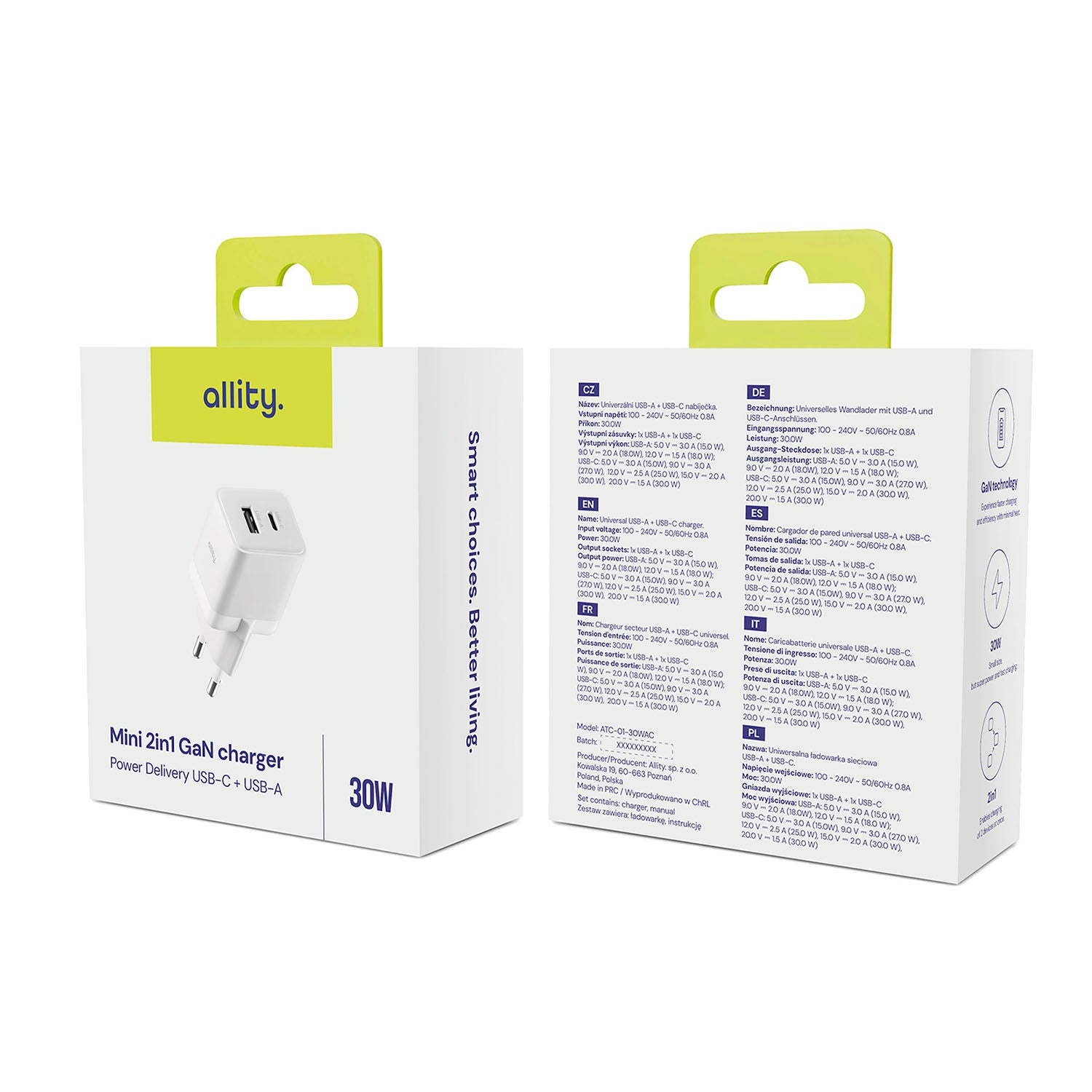 Φορτιστής τοίχου Allity GaN PD QC ATC-01-30WAC 1x USB-c 1x USB-a 30W λευκός