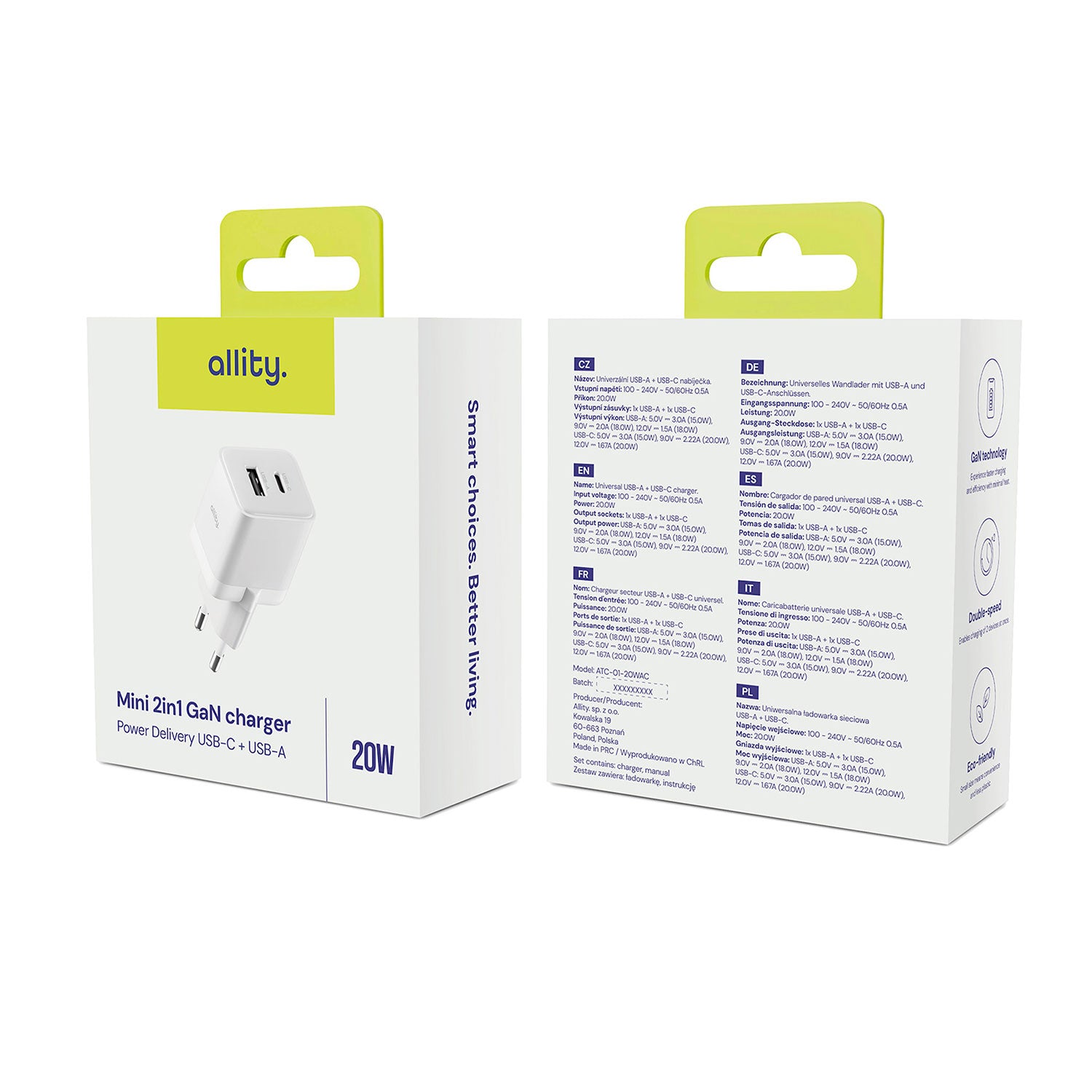 Φορτιστής τοίχου Allity GaN PD QC ATC-01-20WAC 1x USB-c 1x USB-a 20W λευκός