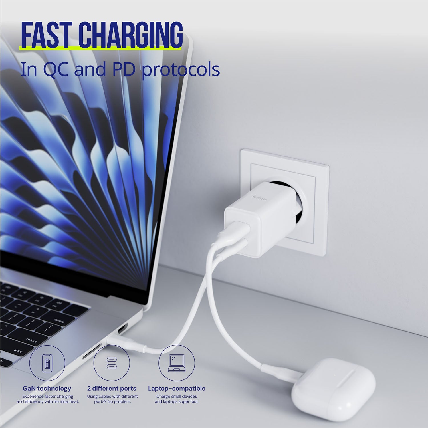 Φορτιστής τοίχου Allity GaN PD QC ATC-01-45WAC 1x USB-c 1x USB-a 45W λευκός