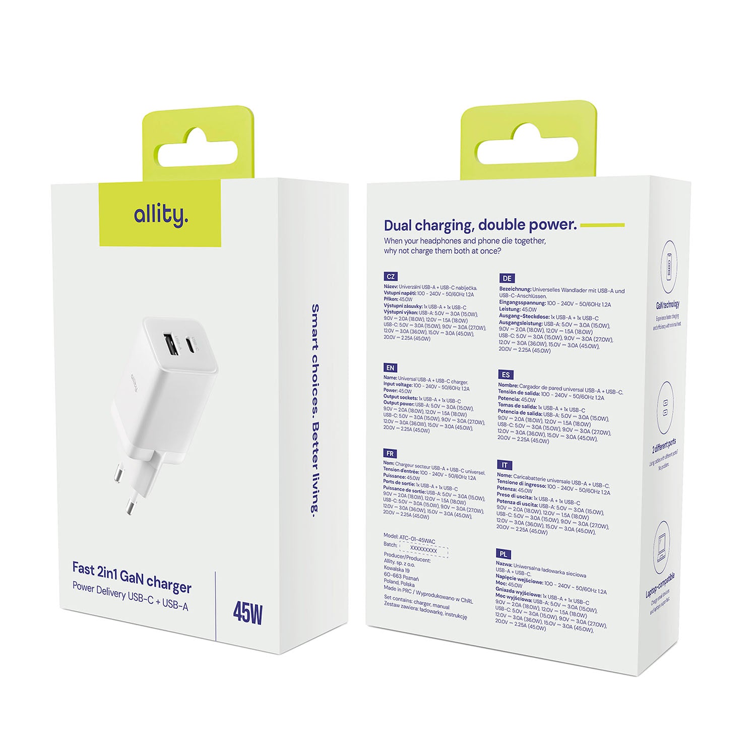 Φορτιστής τοίχου Allity GaN PD QC ATC-01-45WAC 1x USB-c 1x USB-a 45W λευκός