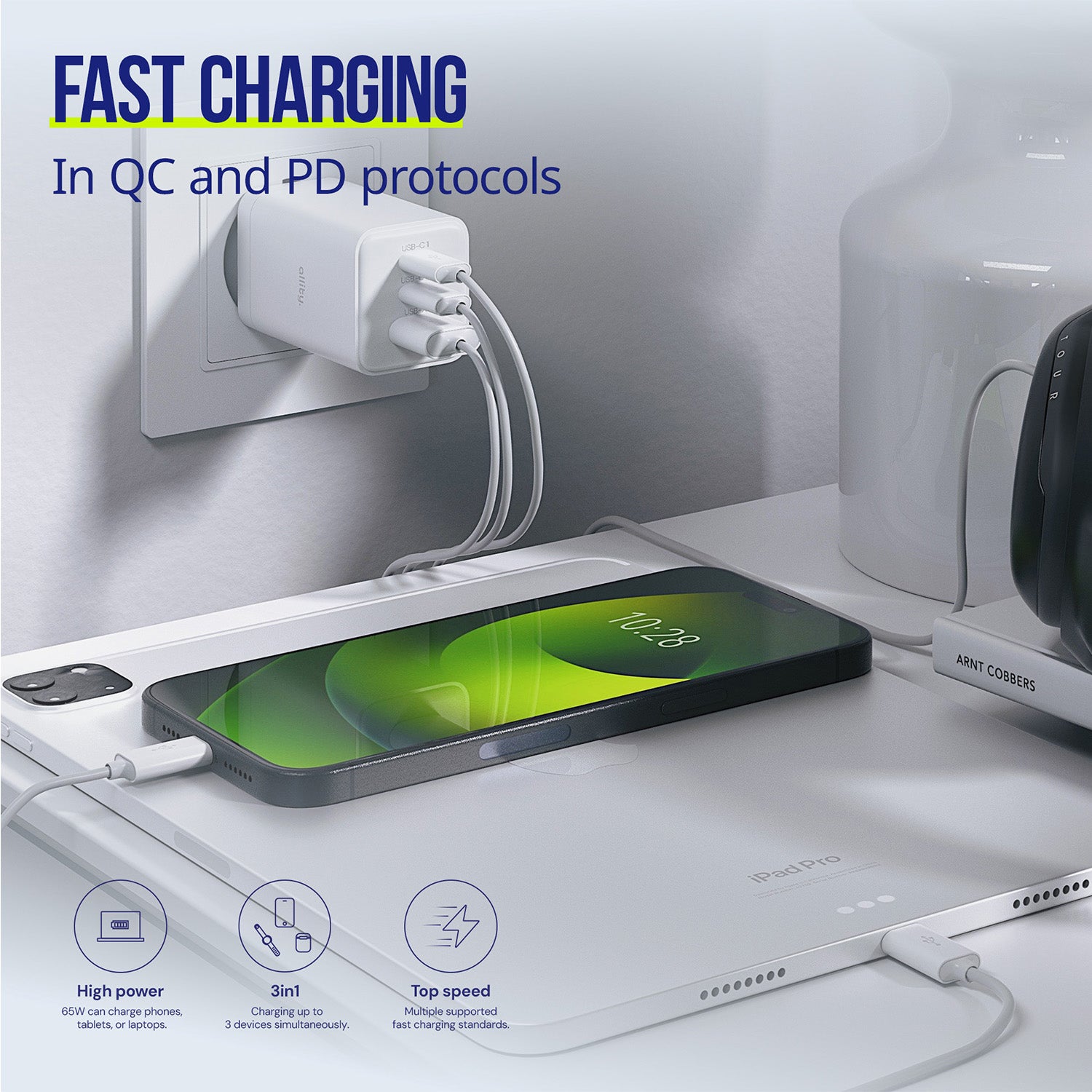 Φορτιστής τοίχου Allity GaN PD QC ATC-01-65WACC 2x USB-c 1x USB-a 65W λευκός