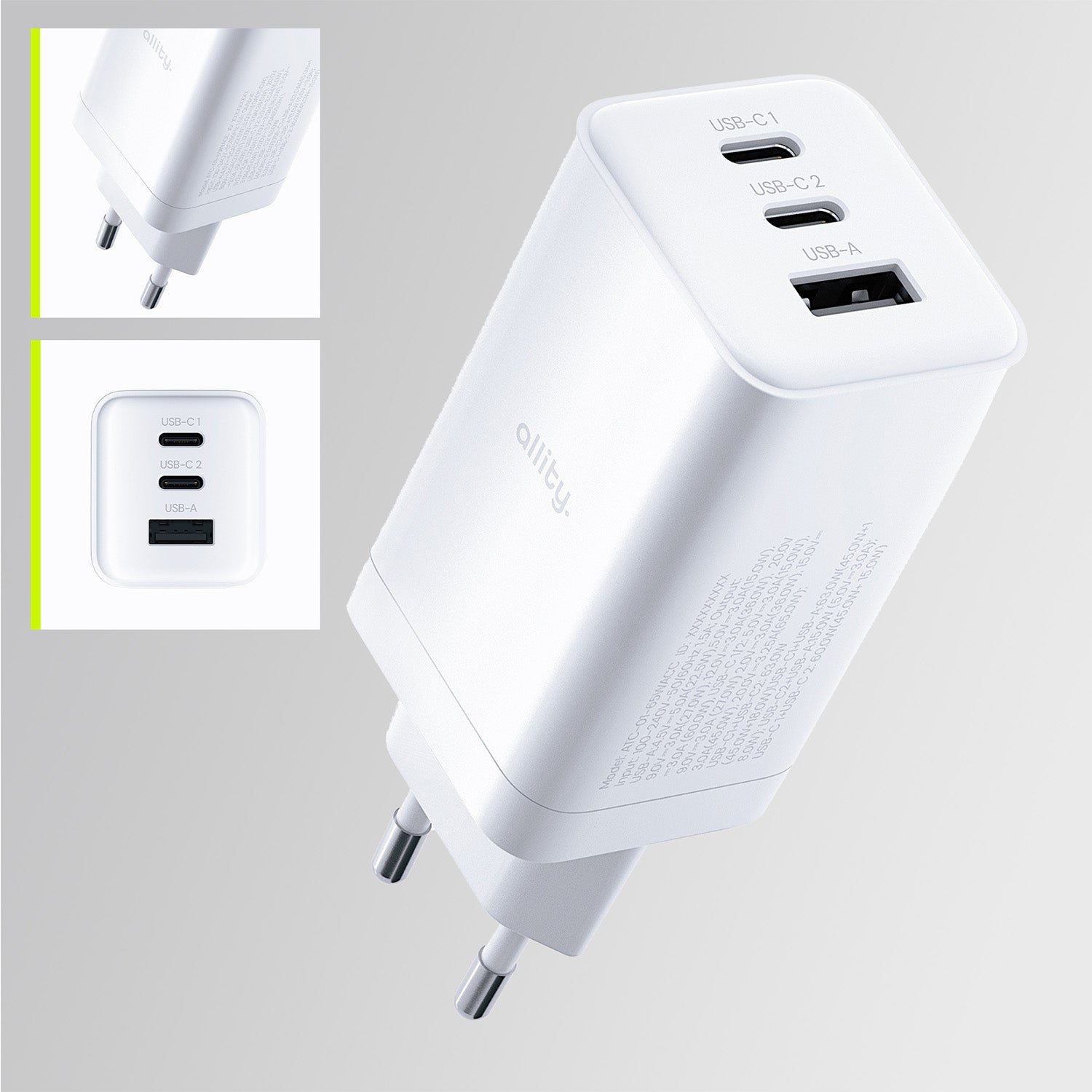Φορτιστής τοίχου Allity GaN PD QC ATC-01-65WACC 2x USB-c 1x USB-a 65W λευκός