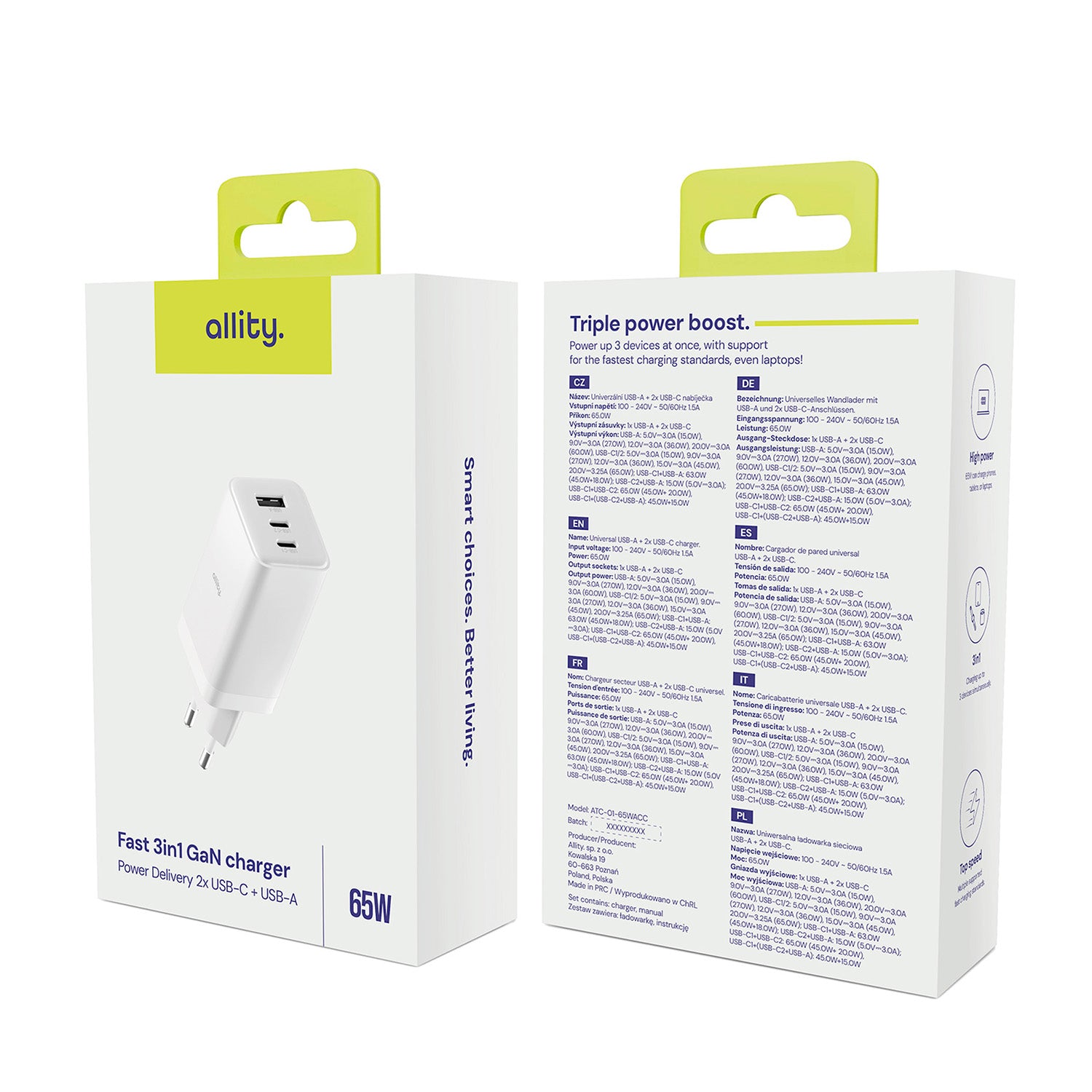 Φορτιστής τοίχου Allity GaN PD QC ATC-01-65WACC 2x USB-c 1x USB-a 65W λευκός
