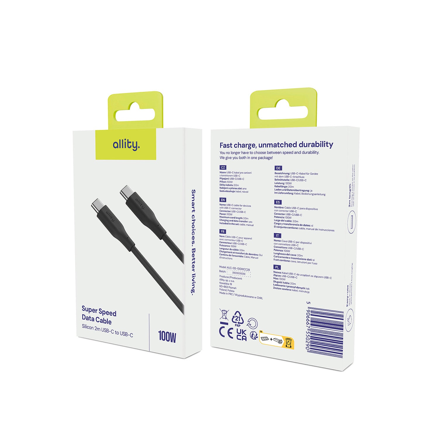 Καλώδιο Allity AUC-02 USB-c - USB-c 2,0 m 100W μαύρο