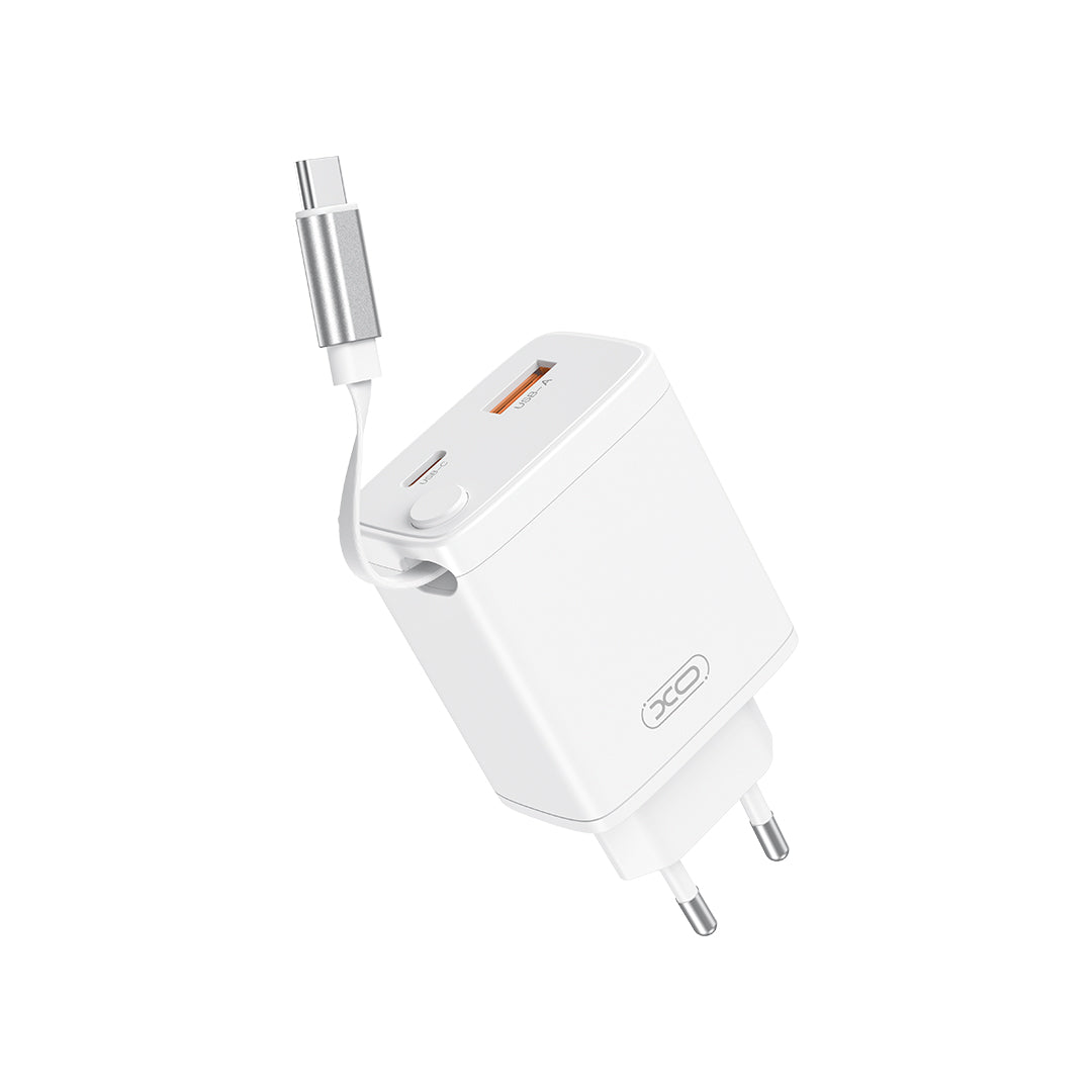 XO Wall Charger CE31 (1xUSB-A, 1x USB-C) 30W - Φορτιστής Ταχείας Φόρτισης Τοίχου Ταξιδίου με αναδιπλούμενο καλώδιο