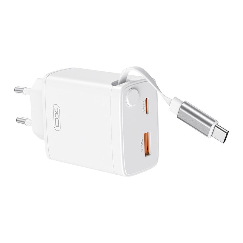 XO Wall Charger CE31 (1xUSB-A, 1x USB-C) 30W - Φορτιστής Ταχείας Φόρτισης Τοίχου Ταξιδίου με αναδιπλούμενο καλώδιο
